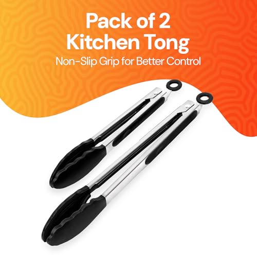 ASAB Silicone Kitchen Tongs Set - 9" & 12" Non-Slip Stainless Steel Handle, Heat Resistant Cooking Tongs for BBQ, Buffet, Salad Serving (Black) - Image 8