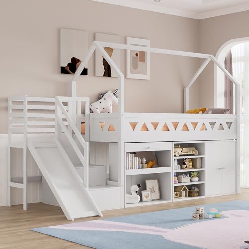 Idemon Cama individual infantil con tobogán y escaleras, marco de cama multifuncional de madera maciza con cajones de almacenamiento y puerta de taquilla magnética, 90 x 190 cm, color blanco, no