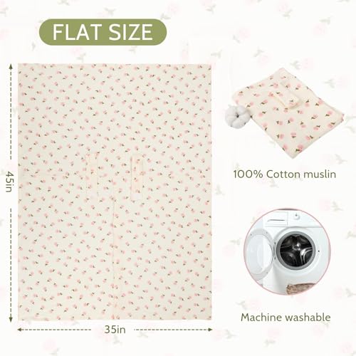 Image of Car Seat Cover Baby Girls Boys, Summer Cotton Baby Car Seat Cover for Carseat, Comfortable Muslin Nursing Cover, Soft Baby Blanket, Breathable Lightweight Infant Stroller Canopy, Pink Flower