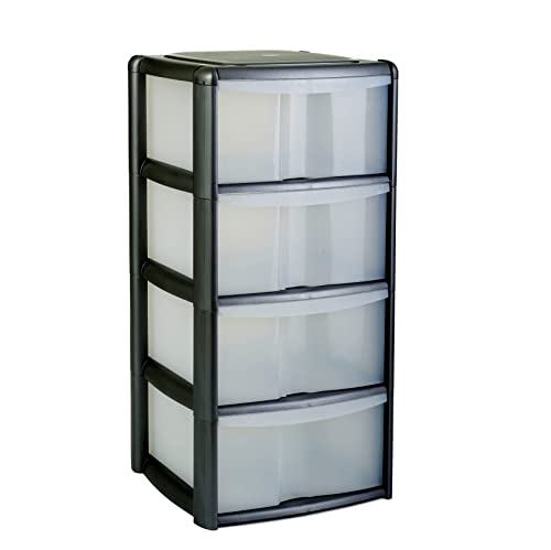4 Drawer Plastic Storage Tower Unit, Black & Clear - Large - 4 x 20L Drawers - Stackable Polypropylene Tower Unit