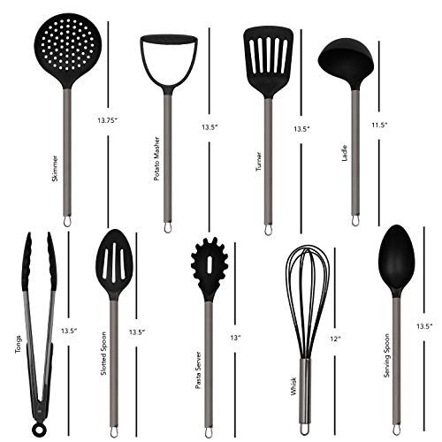Country Kitchen 10 Piece Nylon Cooking Utensil Set With Holder, Kitchen Tools And Gadgets With Rounded Gunmetal Handles - Black #TOP2