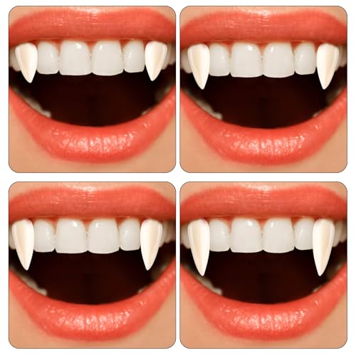 LOMIMOS Dents de vampire - Contient 2 paires de dents de vampire en quatre tailles différentes avec 1 tube de colle à dents et une pince à épiler pour cosplay, fête, Halloween – vue 4