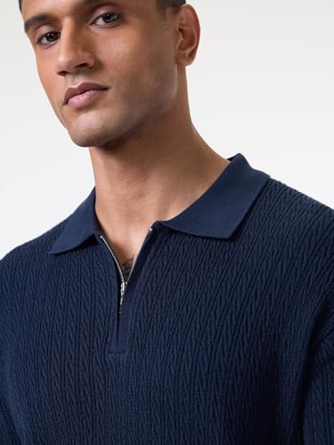 Image of The Souled Store Jacquard Polo: Midnight Wave Men and Boys Short Sleeve Spread Collar Navy Blue Solid Cotton Casual Everyday Officewear Regular Fit Polos