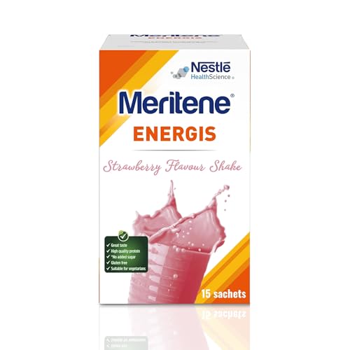 Meritene Energis Strawberry Protein Shake | 30g Powder Sachets, Pack of 15 | Nutritional Support Mix with Proteins and Minerals | With Vitamin D, B & K