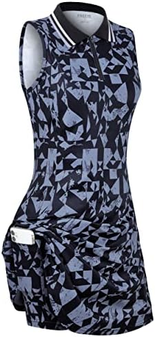FREEYE Golf Dresses with Shorts＆Pockets Women, Zip V-Neck Polo Tennis Dresses Athletic Summer Workout Sport Exercise Casual Tank T-Shirts Dresses Top Tee Running Quick Dry Clothes Black＆Grey Small
