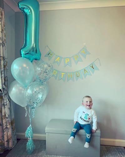 Image of Number Balloons Teal Blue 1 Balloon 40 inch for 1st Birthday Decoration | Saturated Color, Large 40 in, With Inflation Straw & Hanging Hole, Great for Men's Party, Back-To-School Season, Pool Party