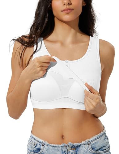 ZeroBound Built in Shelf Bra Crop Tank Tops for Women Scoop Neck Henley Button Sleeveless Shirts Casual Basic Tee Shirt Outfits Going Out (White, M)