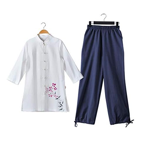 KSUA Womens Martial Arts Suit Cotton Tai Chi Uniform Chinese Kung Fu Clothing Wing Chun Clothes with Three quarter Sleeves, Purple Flower+ Blue Pants UK S/Tag M Cover