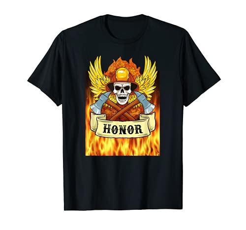 Firefighter skull in the fire with axes and Honor banner T-Shirt, Black