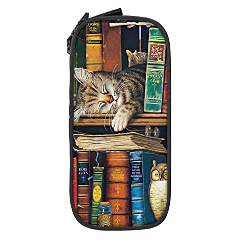 LOUJIN Śliczny kot śpiący regał na książki piórnik na zamek błyskawiczny piórnik torba torba duży organizer pudełko do szkoły biura czarny, Kolor, 5.0cm*10.5cm*20.5cm, Piórnik