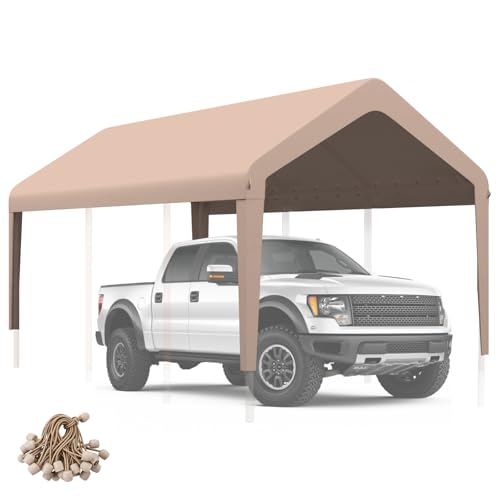 Carport Canopy 10x20 Heavy Duty Replacement Cover Garage Shelter Cover 800D Oxford Waterproof & UV Protected Tarp with Ball Bungees Not Include Frame - Beige