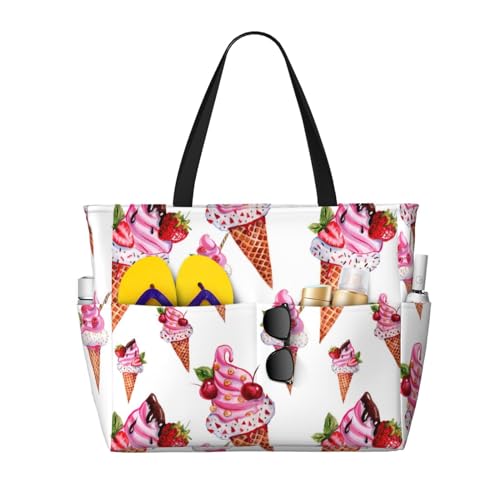 Pink Summer Ice Cream Large Beach Bag Waterproof Sandproof Swim Tote Pool Bag For Women With Zipper