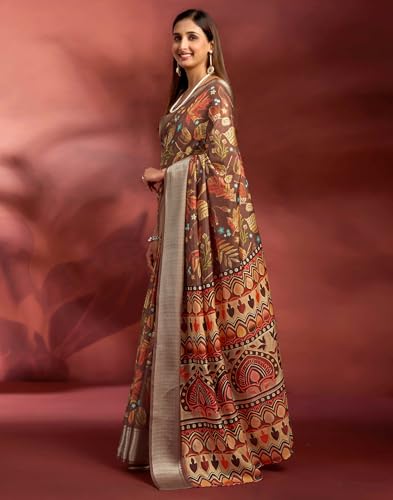 Image of SIRIL Women's Dola Silk Printed Jacquard Border Ready To Wear Saree with Unstitched Blouse Piece