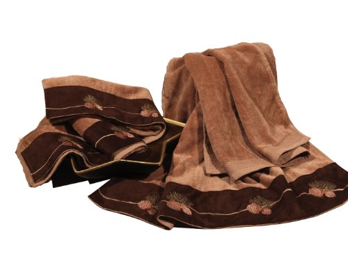 Paseo Road Lodge Pine Cone 3 Piece Rustic Bathroom Towel Set, Mocha Lodge Towels with Embroidery, Cabin Bath Towel, Hand Towel and Finger Towel