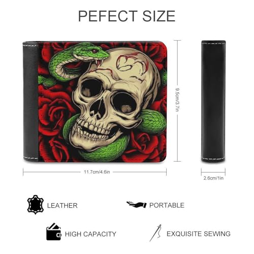 Pu Leather Bifold Wallet for Men Waterproof Credit Card Holder Purse with Card Slots Skull Red Rose Florals Snake Art Wallet for Office Travel2