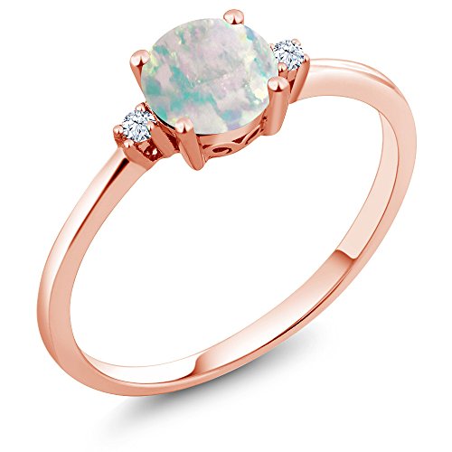 Gem Stone King 10K Rose Gold Cabochon White Simulated Opal and White Created Sapphires Women s Engagement Solitaire Ring (0.33 Cttw) (Size 7)