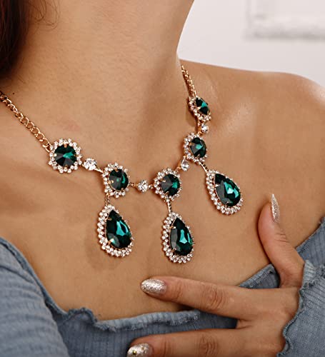 Xerling Green Crystal Bohemian Bib Collar Necklaces For Women Emerald Costume Jewelry Rhinestone Statement Chunky Choker Necklaces Long Pendant Necklaces #TOP1