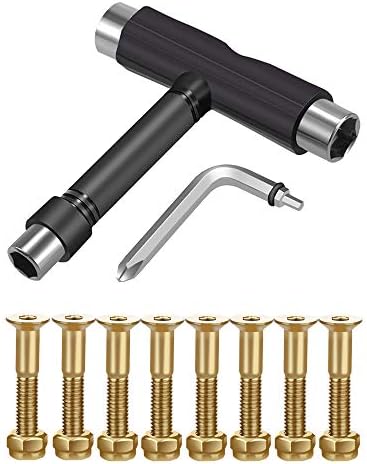 Skateboard Hardware 8PCS Bolts Set and All-in-One Skate Tools Portable Skateboard T Accessory with Tool L-Type Phillips Head Wrench Screwdriver, Gold