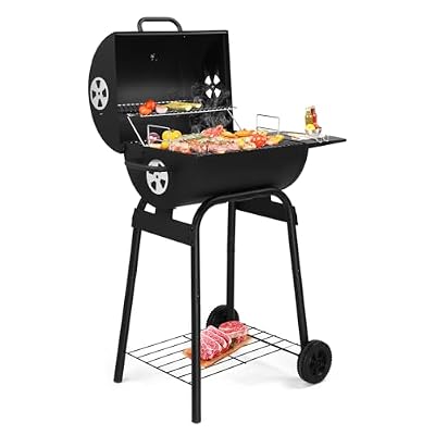 Barrel Charcoal Grill with Side Table and Wheels, Small Charcoal BBQ Grill, Outdoor Barbecue Grills with Thermometer, 270 Sq.In. Cooking Space for Backyard Patio Camping Picnics, Black
