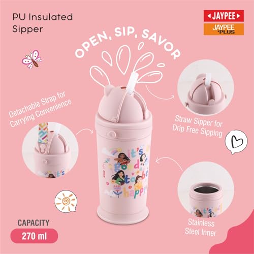 Image of JAYPEE First Step Inner Stainless Steel Insulated Lunch Box Meal and Sip Combo for School Kids Water Bottle Sipper & Disney Princess School Kids Tiffin Box 375 & 270 ml Water Bottle, Pink