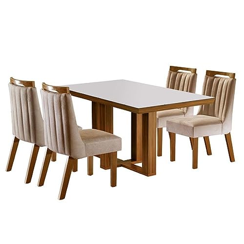 Conjunto Sala de Jantar Mesa Tampo MDF e Vidro e 4 Cadeiras Lottu...