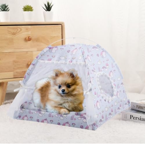 Dog House Cat Bed Tent Cute Bow Lace Mesh Breathable Windows Cartoon Curtains Indoor Outdoor Removable Portable Pet Teepe (Small,BluePurple Pony)