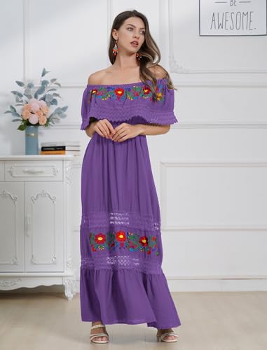 Image of ABEHIK Mexican Dress for Women Traditional Off Shoulder Embroidered Present Casual Lace Long Maxi Dress Cinco de Mayo Outfit