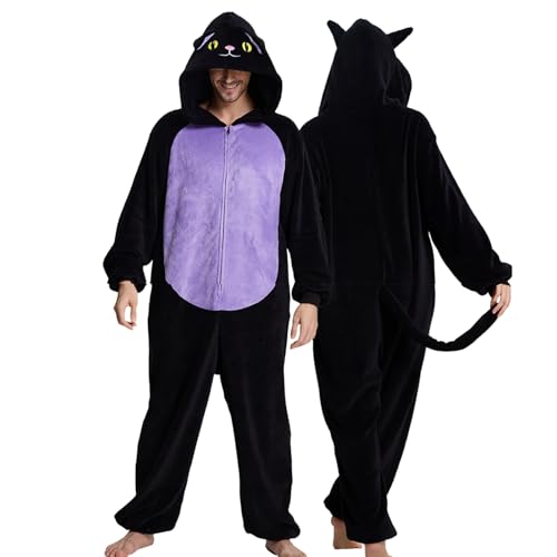 Bauzuoyo Mono de invierno para mujer, de una pieza, largo, pijama, animal, para carnaval, mullido, de forro polar, cálido, de felpa, suave, con cremallera, traje de cuerpo entero, traje de casa, Negro