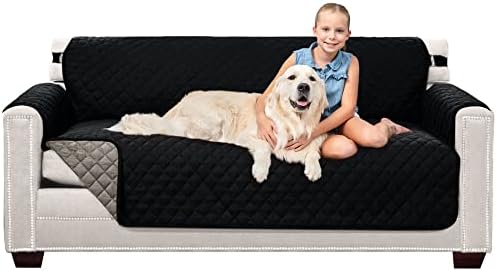 Sofa Shield Couch Slip Cover with Patented Strap, Cushion Protector, US Designed Reversible Stain and Dog Tear Resistant Slipcover, 70 inch Seat, Washable Covers for Dogs Pets, Black Gray