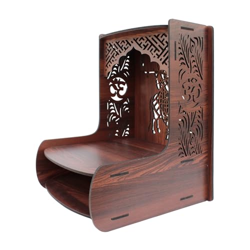Image of Olive Tree Ethnic Wooden Pooja Mandir for Home Handcrafted Puja Stand | Wall Mounted with LED Spot Light | Mandapam, Pooja Ghar, Temple Office Decor - Walnut Size 12X12X16 Inch 1002