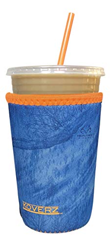 Image of Iced Coffee Sleeve, Insulated Neoprene Cup Sleeve, Fits a 24 oz. Coffee Cup, Washable and Reusable, Iced Coffee Accessories, Medium Realtree Fishing Blue w /Orange