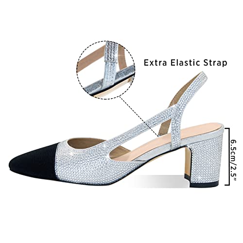 Image of MICIFA Slingback Heels for Women,Round Toe Chunky Heeled Pumps Ankle Strap Fashion Splicing Dress Shoes