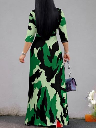 Image of Plus Size Dresses for Women Print Maxi Dresses 3 /4 Sleeve with Belt
