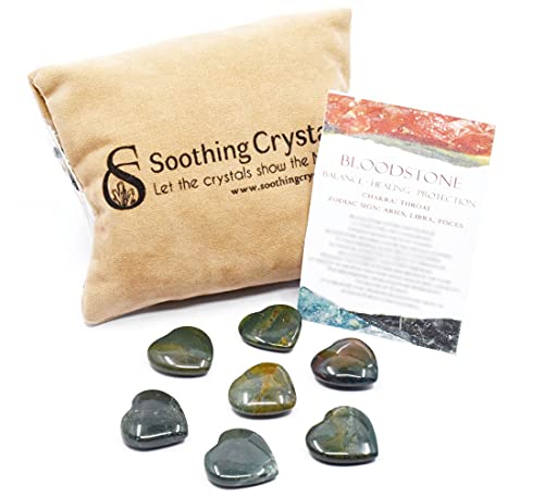 Soothing Crystals Bulk 10 Pcs Natural Bloodstone Gemstone Love Hearts Worry Stones Set 20-30mm Crystal Healing Beautiful Hearts Ideal Gift w/Pouch to Carry & Crystal Info Cards