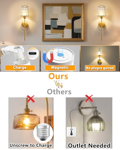 Image of Adetu 23 Inch Crystal Battery Operated Wall Sconce Set of 2 | Gold Rechargeable Wall Sconce with 10000mAh Magnetic Bulbs, RGB Dimmable Wireless Battery Wall Lights for Bedroom Living Room