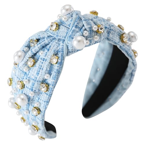 Gmmidea Pearl Rhinestone Tweed Headband for Women Sparkle Luxury Plaid Knotted Headband Wide Vintage Ladies Embellished Hairband Fashion Holiday Hair Accessories for Girls Blue