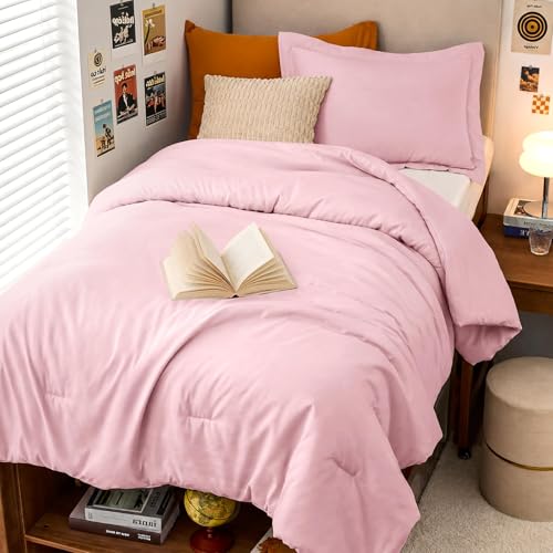 Image of MUXHOMO Pink Twin /Twin XL Comforter Set, All Season Ultra Soft Down Alternative Bedding - 2 Piece Lightweight Bed Set Includes 1 Comforter (68 inchx88 inch) and 1 Pillow Shams (20 inchx26 inch)