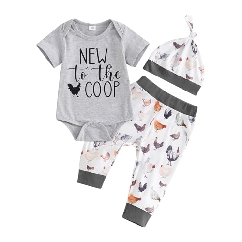 Image of Karuedoo Newborn Baby Boy Farm Outfit New to the Coop Romper Chicken Long Pants with Hat 3Pcs Country Outfits Set (New to the Coop-Gray, 0-3 Months)