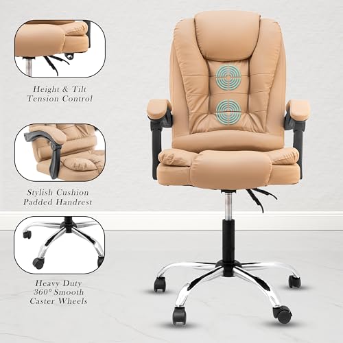 Image of NORMAN JR Italia Premium Leatherette Office Chair for Work | Boss Chair, Ergonomic Executive, Luxurious Cushioned Arms & Seat, 2 Point Back Massager, Heavy Duty Metal Base (Beige)