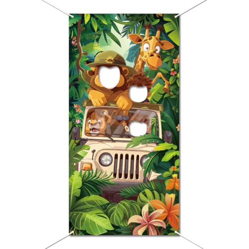 WADORN Telón de fondo para puerta de fotos de león de la selva, animales salvajes, pancarta de tela grande para decoración de fiesta temática de la selva, telón de fondo de fotos divertido para fiesta
