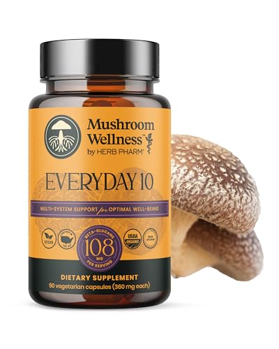 Mushroom Wellness Everyday 10: Organic 10-in-1 Mushroom Capsules with Lion's Mane, Shiitake, Reishi, Turkey Tail & More, Mushroom Powder Supplement, Immune & Nervous System Support, 90 Vegan Capsules