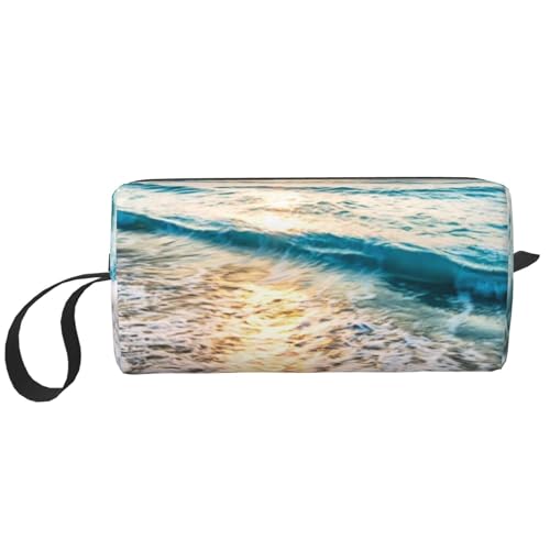 Borsa per il trucco per la ricezione per cosmetici da viaggio da toilette per portatile Organizer Onde delloceano al tramonto sulla spiaggia stampate