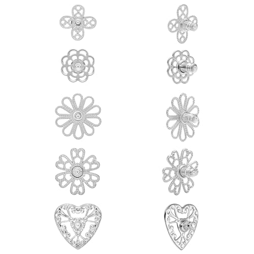 Heavy Duty Earring Supports for Droopy Ears - 5 Pairs Secure Locking Backs Anti-Drop Lifters for Heavy Earrings, 10-17mm Gold Plated Large Metal Earring Backs Replacement for Women/Men (Silver)