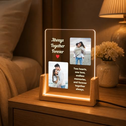 Image of Giftplease Personalized LED Acrylic Photo Frame with Custom Photos & Text | Engraved Acrylic Picture Lamp | USB Warm LED Night Light | Anniversary, Wedding, Birthday, Couple, Family, Home Decor