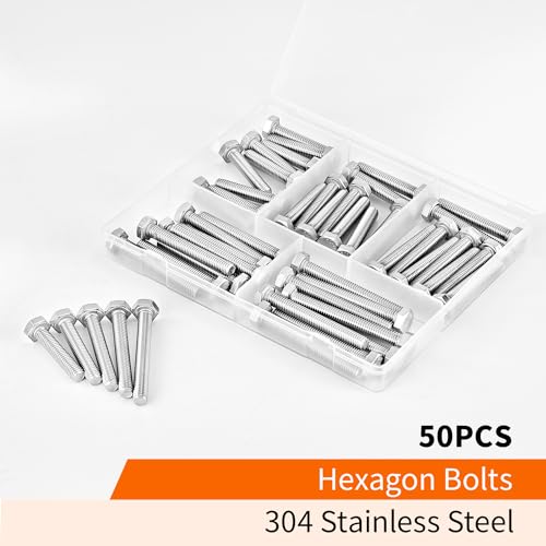 Image of M6 x 30mm 35mm 40mm 45mm 50mm Heavy Duty Hexagon Bolts Hex Head Screws, 304 Stainless Steel, Metric, Machine Fully Thread, Bright Finish, Assortment Kit 50PCS
