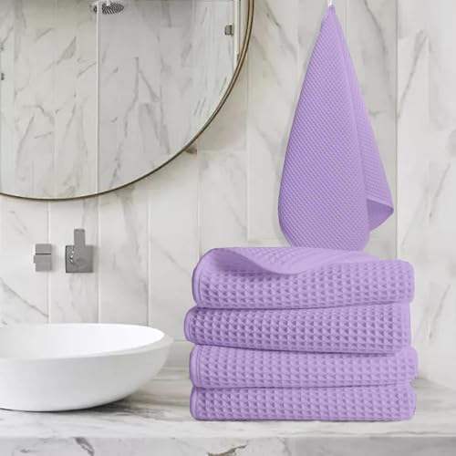 Image of Pure Cotton Waffle Towel | Lightweight | Anti-Microbial and Water Absorbent | Soft Touch Quick Drying Hand Towels (Lavender, Pack of 4)