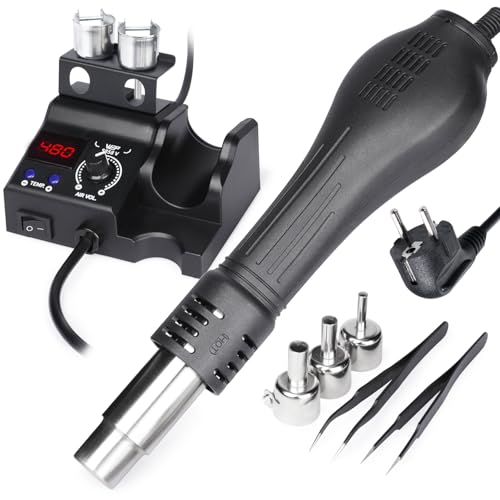 WEP 8858-V Kit station de soudage à air chaud compacte, porte-buse intégré, 3 buses, 2 pinces, température et débit d'air réglables, programme PID, conversion...