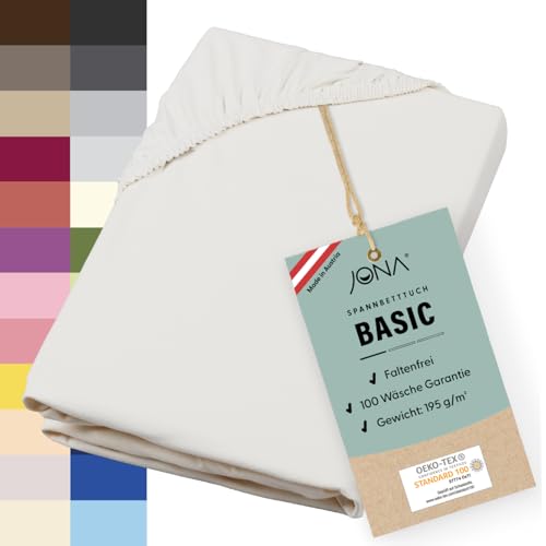 JONA SLEEP® Basic Spannbettlaken 180-200 x 200-220 cm - 190 g/m² faltenfreies Baumwoll-Jersey Leintuch - Made in Austria - Öko-Tex 100 Standard (Elfenbein)