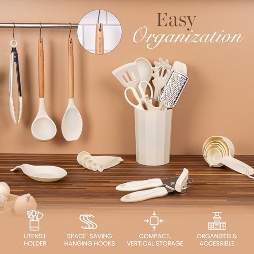 Kitchen Non Stick Cooking Utensils Set – Heat Resistant Silicone Utensils with Wooden Handle – Ladles, Spoons and Spatulas Set – Kitchen Tools & Accessories – 35pcs, Cream – by Nuovva - Image 4