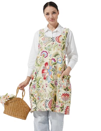 Image of Cozy Adjustable Cross Back Aprons for Women with Pockets Cotton Linen Cooking Kitchen Baking